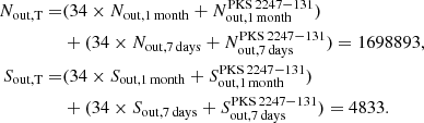 $$ \begin{aligned} \begin{aligned} N_{\rm out,T} =&(34 \times N_{\rm out,1\,month} + N^\mathrm{PKS\,2247{-}131}_{\rm out,1\,month})\\&+ (34 \times N_{\rm out,7\,days} + N^\mathrm{PKS\,2247{-}131}_{\rm out,7\,days}) = 1698893, \\ S_{\rm out,T} =&(34 \times S_{\rm out,1\,month} + S^\mathrm{PKS\,2247{-}131}_{\rm out,1\,month})\\&+ (34 \times S_{\rm out,7\,days} + S^\mathrm{PKS\,2247{-}131}_{\rm out,7\,days}) = 4833. \end{aligned} \end{aligned} $$