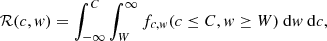 $$ \begin{aligned} \mathcal{R} (c,{ w}) = \int _{-\infty }^{C}\int _{W}^{\infty } f_{c,{ w}}(c\le C,{ w}\ge W)\ \mathrm{d} { w}\ \mathrm{d} c, \end{aligned} $$