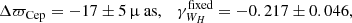 $$ \begin{aligned} \Delta \varpi _\text{Cep} = -17 \pm 5\, \upmu \text{ as}, \quad \gamma ^{\text{fixed}}_{W_{H}} = -0.217 \pm 0.046,\end{aligned} $$