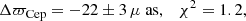 $$ \begin{aligned} \Delta \varpi _\text{Cep} = -22 \pm 3\, \mu \text{ as}, \quad \chi ^{2} =1.2, \end{aligned} $$