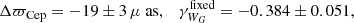 $$ \begin{aligned} \Delta \varpi _\text{Cep} = -19 \pm 3\, \mu \text{ as}, \quad \gamma ^{\text{fixed}}_{W_{G}} = -0.384 \pm 0.051, \end{aligned} $$