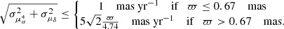 $$ \begin{aligned} \sqrt{\sigma _{\mu _{\alpha }^{*}}^{2} + \sigma _{\mu _{\delta }}^{2}}\le \left\{ \begin{matrix} 1 \quad \text{ mas} \text{ yr}^{-1} \quad \text{ if}\quad \varpi \le 0.67 \quad \text{ mas}\\ 5\sqrt{2} \frac{\varpi }{4.74} \quad \text{ mas} \text{ yr}^{-1} \quad \text{ if} \quad \varpi > 0.67 \quad \text{ mas}. \end{matrix}\right. \end{aligned} $$