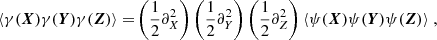 $$ \begin{aligned} {\langle { \gamma (\boldsymbol{X})\gamma (\boldsymbol{Y})\gamma (\boldsymbol{Z})}\rangle } =&\left(\frac{1}{2}\partial ^2_X\right)\left(\frac{1}{2}\partial ^2_Y\right)\left(\frac{1}{2}\partial ^2_Z\right) {\langle { \psi (\boldsymbol{X})\psi (\boldsymbol{Y})\psi (\boldsymbol{Z})}\rangle } \; ,\end{aligned} $$