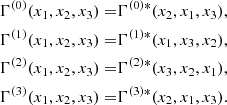 $$ \begin{aligned} \Gamma ^{(0)}(x_1,x_2,x_3) = &\Gamma ^{(0)*}(x_2,x_1,x_3),\nonumber \\ \Gamma ^{(1)}(x_1,x_2,x_3) = &\Gamma ^{(1)*}(x_1,x_3,x_2),\nonumber \\ \Gamma ^{(2)}(x_1,x_2,x_3) = &\Gamma ^{(2)*}(x_3,x_2,x_1),\nonumber \\ \Gamma ^{(3)}(x_1,x_2,x_3) = &\Gamma ^{(3)*}(x_2,x_1,x_3). \end{aligned} $$