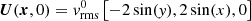 $ \boldsymbol{U}(\boldsymbol{x},0) = v_{\rm rms}^0 \left[-2\sin({\it y}),2\sin(x),0\right] $