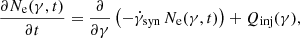 $$ \begin{aligned} \dfrac{\partial N_\text{e}(\gamma ,t)}{\partial t} = \dfrac{\partial }{\partial \gamma }\left(-\dot{\gamma }_\mathrm{syn} \, N_\text{e}(\gamma ,t) \right) + Q_\text{inj}(\gamma ), \end{aligned} $$