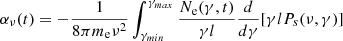 $$ \begin{aligned} \alpha _\nu (t)=-\frac{1}{8 \pi m_{\rm e} \nu ^2} \int _{\gamma _{min}}^{\gamma _{max}} \frac{N_{\rm e}(\gamma ,t)}{\gamma l} \frac{d}{d\gamma } [\gamma l P_s(\nu ,\gamma )] \end{aligned} $$