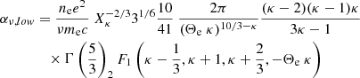 $$ \begin{aligned} \alpha _{\nu ,low}&= \frac{n_{\rm e} e^2}{\nu m_{\rm e} c}\ X_\kappa ^{-2/3} 3^{1/6} \frac{10}{41}\ \frac{2 \pi }{(\Theta _{\rm e} \ \kappa )^{10/3-\kappa }} \frac{(\kappa -2)(\kappa -1)\kappa }{3\kappa -1} \nonumber \\&\quad \times \Gamma \left( \frac{5}{3} \right) _2F_1 \left( \kappa -\frac{1}{3}, \kappa +1,\kappa +\frac{2}{3}, -\Theta _{\rm e} \ \kappa \right) \end{aligned} $$