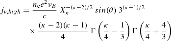 $$ \begin{aligned} j_{\nu ,high}&= \frac{n_{\rm e} e^2 \nu _B}{c}\ X_\kappa ^{-(\kappa -2)/2}\ sin(\theta )\ 3^{(\kappa -1)/2} \nonumber \\&\quad \times \frac{(\kappa -2)(\kappa -1)}{4}\ \Gamma \left( \frac{\kappa }{4} - \frac{1}{3} \right) \Gamma \left( \frac{\kappa }{4} + \frac{4}{3} \right) \end{aligned} $$