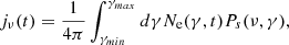 $$ \begin{aligned} j_\nu (t) = \frac{1}{4\pi } \int _{\gamma _{min}}^{\gamma _{max}} d\gamma N_{\rm e}(\gamma ,t) P_s(\nu ,\gamma ) ,\end{aligned} $$