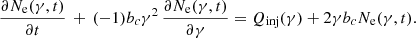 $$ \begin{aligned} \dfrac{\partial N_{\rm e}(\gamma ,t)}{\partial t} \, + \, (-1) b_c \gamma ^2 \, \dfrac{\partial N_{\rm e}(\gamma ,t)}{\partial \gamma } = Q_{\mathrm{inj} }(\gamma ) + 2 \gamma b_c N_{\rm e}(\gamma ,t) .\end{aligned} $$