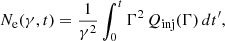 $$ \begin{aligned} N_{\rm e}(\gamma ,t) = \dfrac{1}{\gamma ^2} \int _{0}^{t} \Gamma ^2 \, Q_{\mathrm{inj} }(\Gamma ) \, dt^{\prime } ,\end{aligned} $$