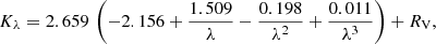 $$ \begin{aligned} K_{\lambda } = 2.659\,\left(-2.156+\frac{1.509}{\lambda }-\frac{0.198}{\lambda ^{2}}+\frac{0.011}{\lambda ^{3}}\right)+R_{\rm V}, \end{aligned} $$