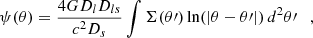 $$ \begin{aligned} \psi (\theta ) = \frac{4 G D_{l}D_{ls}}{c^2 D_{s}} \int \Sigma (\theta^\prime )\ln (|\theta - \theta^\prime |)\,d^2\theta^\prime \quad , \end{aligned} $$