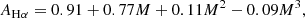 $$ \begin{aligned} A_{\rm H\alpha } = 0.91 + 0.77 M + 0.11 M^2 - 0.09 M^3, \end{aligned} $$