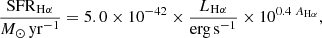 $$ \begin{aligned}&{\frac{\mathrm{SFR}_{\rm H\alpha }}{M_\odot \,\mathrm{yr^{-1}}} = 5.0\times 10^{-42}\times \frac{L_{\rm H\alpha }}{\mathrm{erg\,s}^{-1}}\times 10^{0.4\;A_{\rm H\alpha }},} \end{aligned} $$
