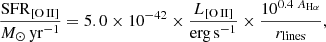 $$ \begin{aligned}&\frac{\mathrm{SFR}_{\rm [O\,II]}}{M_\odot \,\mathrm{yr^{-1}}} = 5.0\times 10^{-42}\times \frac{L_{\rm [O\,II]}}{\mathrm{erg\,s}^{-1}}\times \frac{10^{0.4\;A_{\rm H\alpha }}}{r_{\rm lines}}, \end{aligned} $$