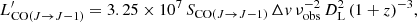 $$ \begin{aligned} L^\prime _{\mathrm{CO}(J\rightarrow J-1)} = 3.25\times 10^7\,S_{\mathrm{CO}(J\rightarrow J-1)}\,\Delta {v}\,\nu _{\rm obs}^{-2}\,D_{\rm L}^2\,(1+z)^{-3}, \end{aligned} $$