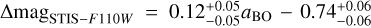 $ - \Delta {\rm{mag}}_{{\rm{STIS - F110W}}} = 0.12_{ - 0.05}^{ + 0.05} a_{{\rm{BO}}} - 0.74_{ - 0.06}^{ + 0.06} $