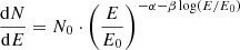 $$ \begin{aligned} \frac{\mathrm{d}N}{\mathrm{d}E} = N_0\cdot \left(\frac{E}{E_0}\right)^{-\alpha -\beta \log (E/E_0)}\,\, \end{aligned} $$