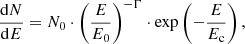 $$ \begin{aligned} \frac{\mathrm{d}N}{\mathrm{d}E} = N_0\cdot \left(\frac{E}{E_0}\right)^{- \Gamma }\cdot \exp \left(-\frac{E}{E_{\rm c}}\right), \end{aligned} $$