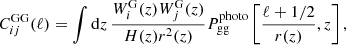 $$ \begin{aligned} C_{ij}^\mathrm{GG}(\ell )=\int \mathrm{d}z\,\frac{W_i^\mathrm{G}(z)W_j^\mathrm{G}(z)}{H(z)r^2(z)}P_{\rm gg}^\mathrm{photo}\left[\frac{\ell +1/2}{r(z)},z\right] ,\end{aligned} $$