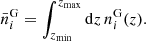 $$ \begin{aligned} \bar{n}_{i}^\mathrm{G}=\int _{z_{\rm min}}^{z_{\rm max}} \mathrm{d}z\,n_{i}^\mathrm{G}(z). \end{aligned} $$