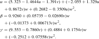 $$ \begin{aligned}&\alpha = (5.323 - 1.4644u - 1.391v) + (-2.055 + 1.329u \nonumber \\&\quad + 0.8672v){ w} + (0.2682 - 0.3509u){ w}^2,\nonumber \\&\beta = 0.9260 + (0.05735 - 0.02690v){ w} \nonumber \\&\quad + (-0.01373 + 0.006713v){ w}^2,\nonumber \\&\gamma = (9.553 - 0.7860v) + (0.4884 + 0.1754v){ w} \nonumber \\&\quad + (-0.2512 + 0.07558v){ w}^2.\nonumber \end{aligned} $$