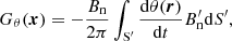 $$ \begin{aligned} G_{\theta } (\boldsymbol{x}) = -\dfrac{B_{\rm n}}{2 \pi } \int _{\rm S^\prime } \frac{\mathrm{d}\theta (\boldsymbol{r})}{\mathrm{d}t}B^\prime _{\rm n} \mathrm{d}S^\prime , \end{aligned} $$