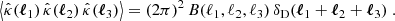 $$ \begin{aligned} \left\langle \hat{\kappa }(\boldsymbol{\ell }_1)\,\hat{\kappa }(\boldsymbol{\ell }_2)\,\hat{\kappa }(\boldsymbol{\ell }_3)\right\rangle = (2\pi )^2\, B(\ell _1, \ell _2, \ell _3)\, \delta _{\rm D}(\boldsymbol{\ell }_1+\boldsymbol{\ell }_2+\boldsymbol{\ell }_3)\;. \end{aligned} $$