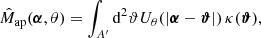$$ \begin{aligned} \hat{M}_{\rm ap}(\boldsymbol{\alpha }, \theta ) = \int _{A^\prime }\mathrm{d}^2{\vartheta } U_\theta (|\boldsymbol{\alpha }-\boldsymbol{\vartheta }|)\, \kappa (\boldsymbol{\vartheta }), \end{aligned} $$