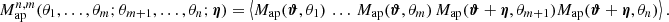 $$ \begin{aligned} M_{\rm ap}^{n,m}(\theta _1,\dots ,\theta _m;\theta _{m+1},\dots ,\theta _n; \boldsymbol{\eta }) = \left\langle M_{\rm ap}(\boldsymbol{\vartheta }, \theta _1)\,\dots \,M_{\rm ap}(\boldsymbol{\vartheta }, \theta _m)\, M_{\rm ap}(\boldsymbol{\vartheta }+\boldsymbol{\eta }, \theta _{m+1}) M_{\rm ap}(\boldsymbol{\vartheta }+\boldsymbol{\eta }, \theta _n)\right\rangle . \end{aligned} $$