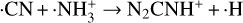 $ \cdot {\rm{CN}} + \cdot {\rm{NH}}_3^ + \to \cdot {{\rm{N}}_2}{\rm{CN}}{{\rm{H}}^{\rm{ + }}} + \cdot {\rm{H}}$