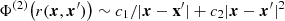$ \Phi^{(2)} \big(r(\boldsymbol{x},\boldsymbol{x}^\prime) \big)\sim c_1/|\boldsymbol{x}-{ \bf x}^\prime|+c_2 |\boldsymbol{x}-\boldsymbol{x}^\prime|^2 $
