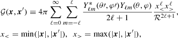 $$ \begin{aligned}&\mathcal{G} (\boldsymbol{x},\boldsymbol{x}^{\prime }) \equiv 4\pi \sum ^\infty _{\ell =0} \sum _{m=-\ell }^\ell \frac{Y_{\ell m}^{*} (\theta \prime ,\varphi \prime ) Y_{\ell m} (\theta ,\varphi )}{2\ell + 1} \frac{x_{ < }^\ell x_{>}^\ell }{{\mathcal{R} }^{2\ell + 1}}, \\&x_{ < }=\mathrm{{min}}(|\boldsymbol{x}|,|\boldsymbol{x}^{\prime }|),~~x_{>}=\mathrm{{max}}(|\boldsymbol{x}|,|\boldsymbol{x}^{\prime }|)\nonumber , \end{aligned} $$