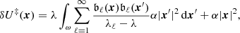 $$ \begin{aligned} \delta U^{\ddag } (\boldsymbol{x})= \lambda \int _\omega \sum _{\ell =1}^\infty \frac{{\mathfrak{b} }_\ell (\boldsymbol{x}) {\mathfrak{b} }_\ell (\boldsymbol{x}^{\prime })}{\lambda _\ell - \lambda } \alpha |\boldsymbol{x}^{\prime }|^2\,\mathrm{d}\boldsymbol{x}^{\prime } +\alpha |\boldsymbol{x}|^2, \end{aligned} $$
