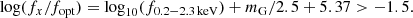 $$ \begin{aligned} \mathrm{log} (f_{x}/f_\mathrm{opt} ) = \log _{10} (f_{0.2-2.3 \,\mathrm{keV} }) + m_\mathrm{G} /2.5 + 5.37 > -1.5. \end{aligned} $$