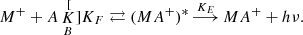 $$ \begin{aligned} M^+ + A \mathop {K}\limits ^{[}_B]{K_F}\rightleftarrows (MA^+)^* \mathop {\longrightarrow }\limits ^{K_E}MA^+ + h\nu . \end{aligned} $$