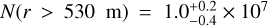 Mathematical equation: $N\left( {r > 530\,\,{\rm{m}}} \right) = 1.0_{ - 0.4}^{ + 0.2} \times {10^7}$