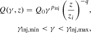 Mathematical equation: $$ \begin{aligned} Q(\gamma , z) = Q_0 \gamma ^{p_{\mathrm{inj}}} \left(\frac{z}{z_i}\right)^{-q}\!, \\ \gamma _{\mathrm{inj,min}} < \gamma < \gamma _{\mathrm{inj,max}} ,\end{aligned} $$