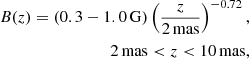 Mathematical equation: $$ \begin{aligned} B(z) = \left(0.3-1.0\,\mathrm{G}\right)\left(\frac{z}{\mathrm{2\,mas}}\right)^{-0.72}, \\ 2\,\mathrm{mas} < z < 10\,\mathrm{mas},\end{aligned} $$