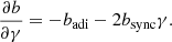 Mathematical equation: $$ \begin{aligned} \frac{\partial b}{\partial \gamma } = -b_{\mathrm{adi}} - 2b_{\mathrm{sync}}\gamma .\end{aligned} $$