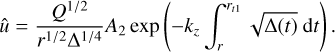 Mathematical equation: $ \hat u = {{{Q^{1/2}}} \over {{r^{1/2}}{\Delta ^{1/4}}}}{A_2}\exp \left( { - {k_z}\int_r^{{r_{t1}}} {\sqrt {\Delta \left( t \right)} } \,\,{\rm{d}}t} \right). $