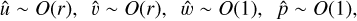 Mathematical equation: $ \matrix{ {\hat u \sim O\left( r \right),} &amp; {\hat \upsilon \sim O\left( r \right),} &amp; {\hat w \sim O\left( 1 \right),} &amp; {\hat p \sim O\left( 1 \right),} \cr } $