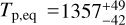 Mathematical equation: ${T_{{\rm{p,eq}}}} = 1357_{ - 42}^{ + 49}$