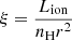 Mathematical equation: $ \xi = \frac{L_{\mathrm{ion}}}{n_{\mathrm{H}} r^2} $