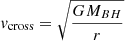 Mathematical equation: $ \mathit{v}_{\mathrm{cross}} = \sqrt{\frac{GM_{BH}}{r}} $