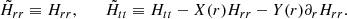 Mathematical equation: $$ \begin{aligned} \tilde{H}_{rr} \equiv H_{rr}, \qquad \tilde{H}_{tt} \equiv H_{tt} - X(r) H_{rr} - Y(r) \partial _r H_{rr}. \end{aligned} $$