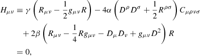 Mathematical equation: $$ \begin{aligned} H_{\mu \nu }&\equiv \gamma \left(R_{\mu \nu } - \frac{1}{2} g_{\mu \nu } R \right) - 4 \alpha \left(D^\rho D^\sigma + \frac{1}{2} R^{\rho \sigma }\right) C_{\mu \rho \nu \sigma }\nonumber \\&\quad + 2 \beta \left(R_{\mu \nu } - \frac{1}{4} R g_{\mu \nu } - D_\mu D_\nu + g_{\mu \nu } D^2\right) R\nonumber \\&= 0, \end{aligned} $$