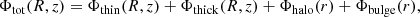 Mathematical equation: $$ \begin{aligned} \Phi _{\rm tot}(R, z) = \Phi _{\rm thin}(R, z) + \Phi _{\rm thick}(R, z) + \Phi _{\rm halo}(r)+ \Phi _{\rm bulge}(r), \end{aligned} $$